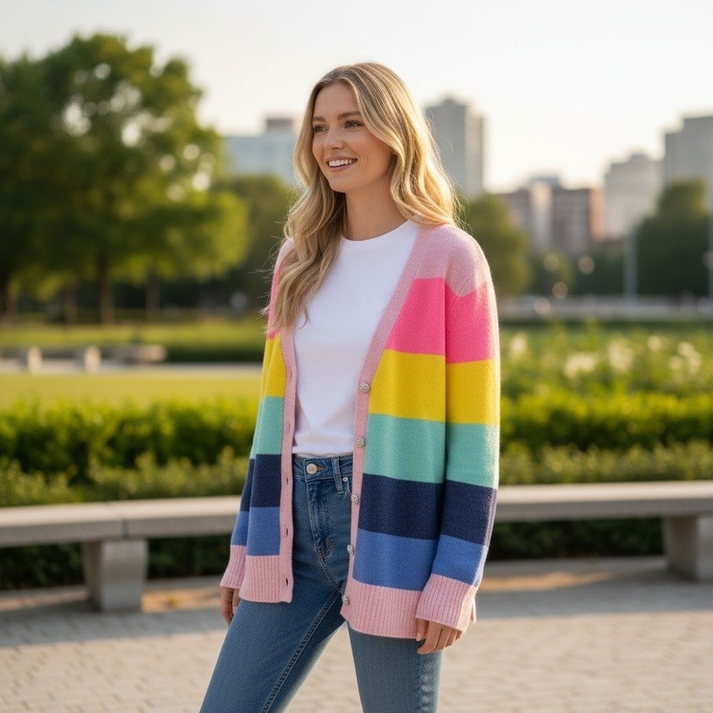 Crown & Ivy Women's Striped Long Sleeve Cardigan Rainbow Gem Buttons Size Small